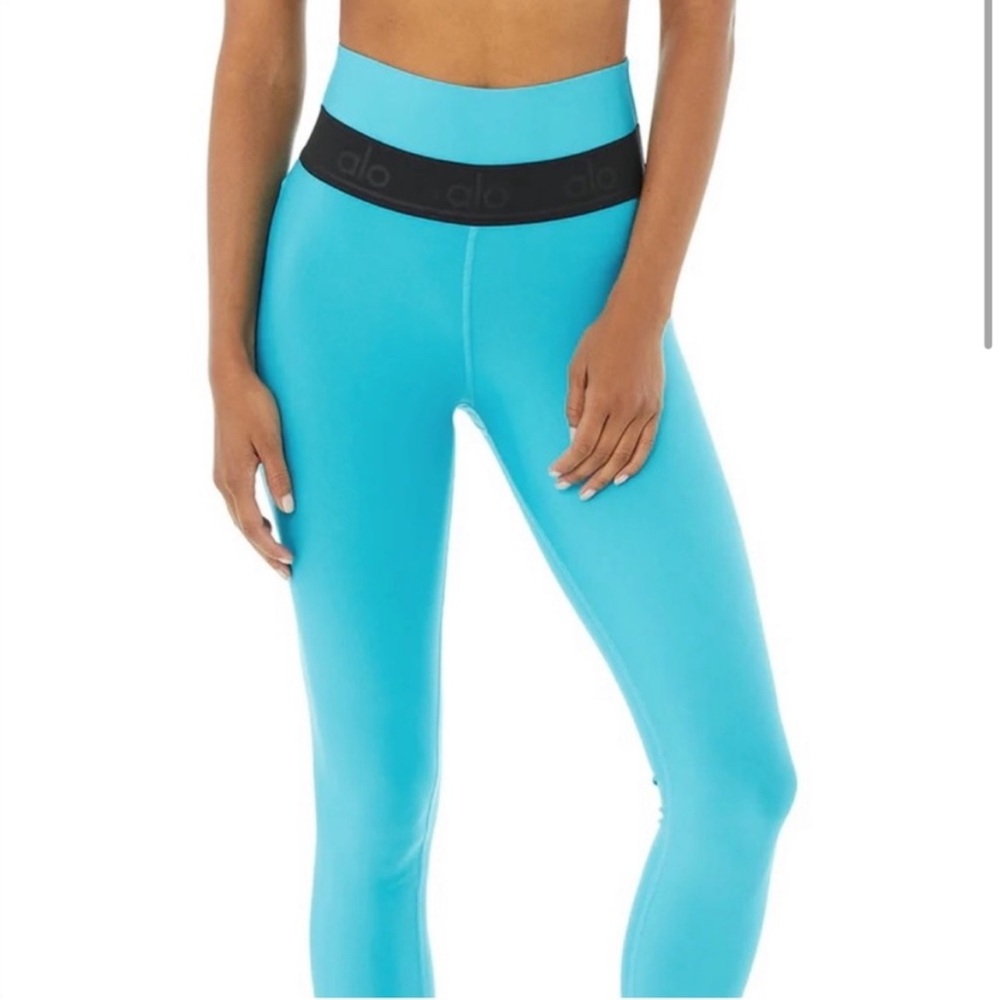 ALO Yoga High Waist Fitness Legging - Blue Splash and Black Logo Band - Medium